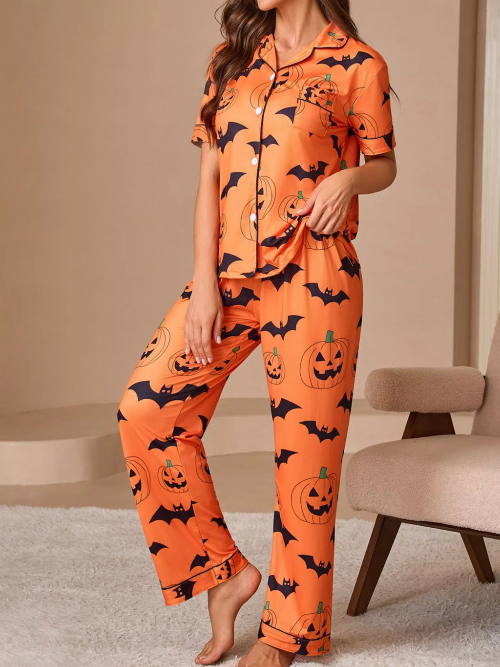 Halloween Pumpkin and Bat Print Button-Down Top and Pants Lounge Set | STAHlin RADIANCE