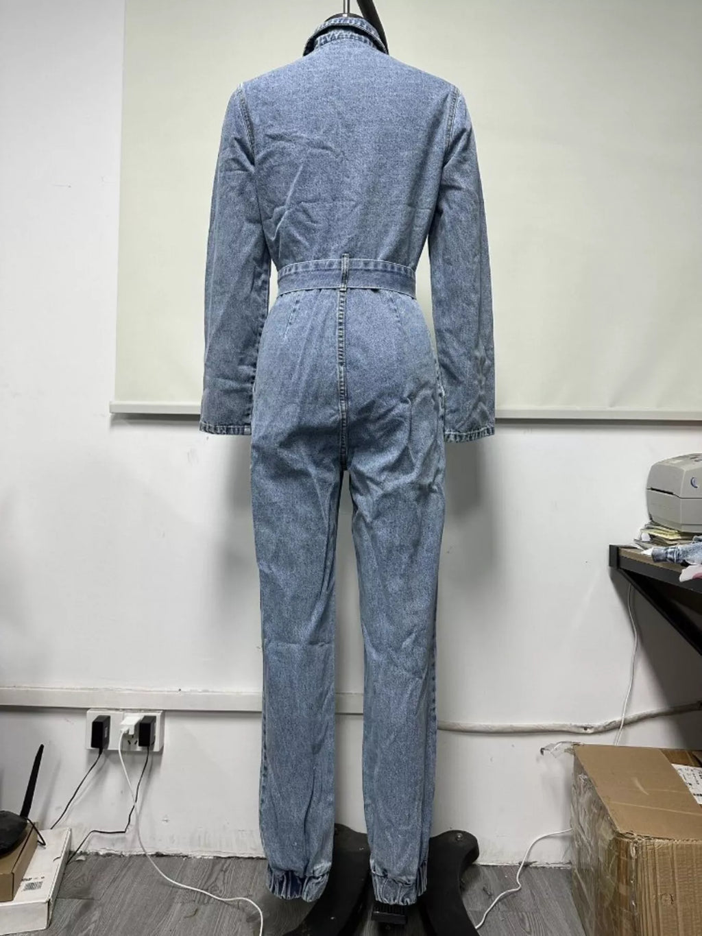 Long Sleeve Button-Up Denim Jumpsuit with Belted Waist and Elastic Cuffs | STAHlin RADIANCE