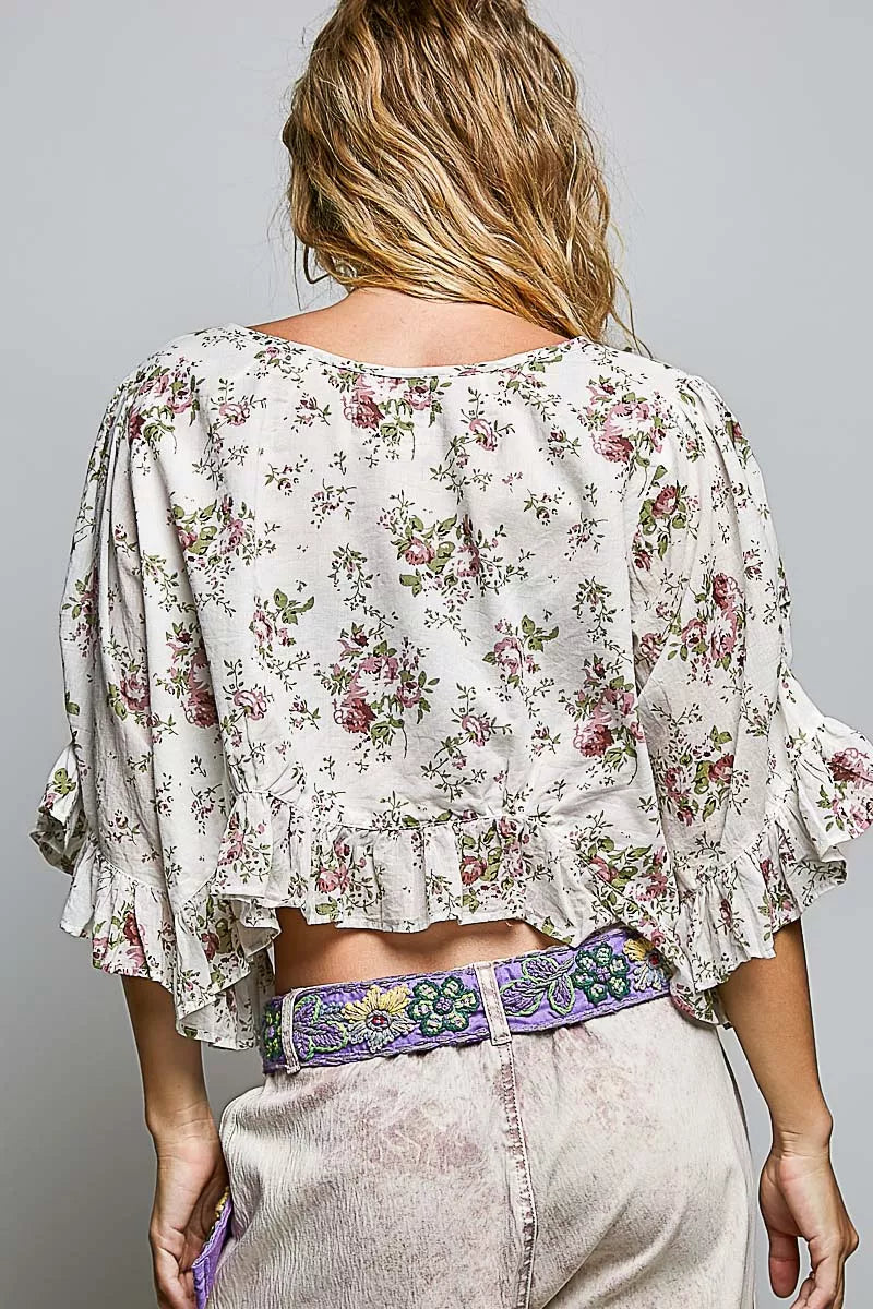 POL Ruffle Tie Front Cropped Floral Woven Flutter Sleeve Top | STAHlin RADIANCE