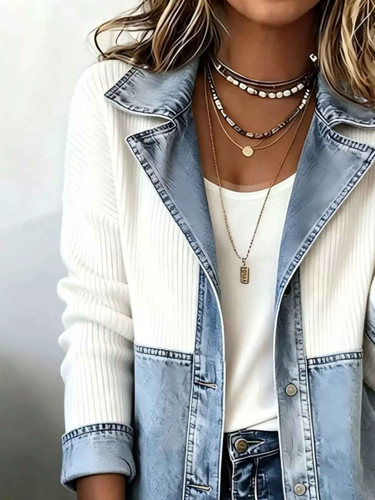 Color-Block Denim and Knit Patchwork Casual Jacket | STAHlin RADIANCE