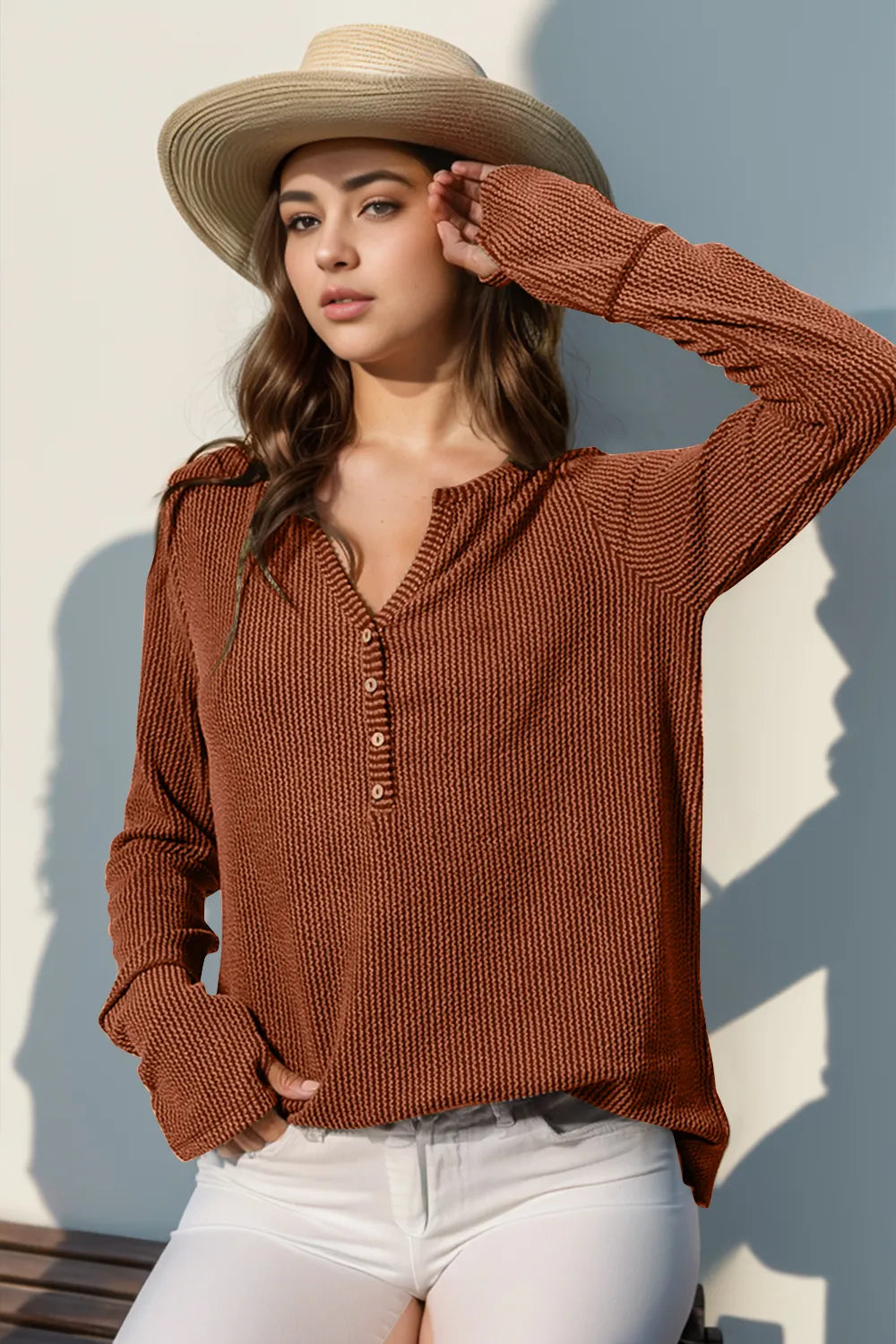Double Take Full Size Notched Thumbhole Long Sleeve T-Shirt | STAHlin RADIANCE