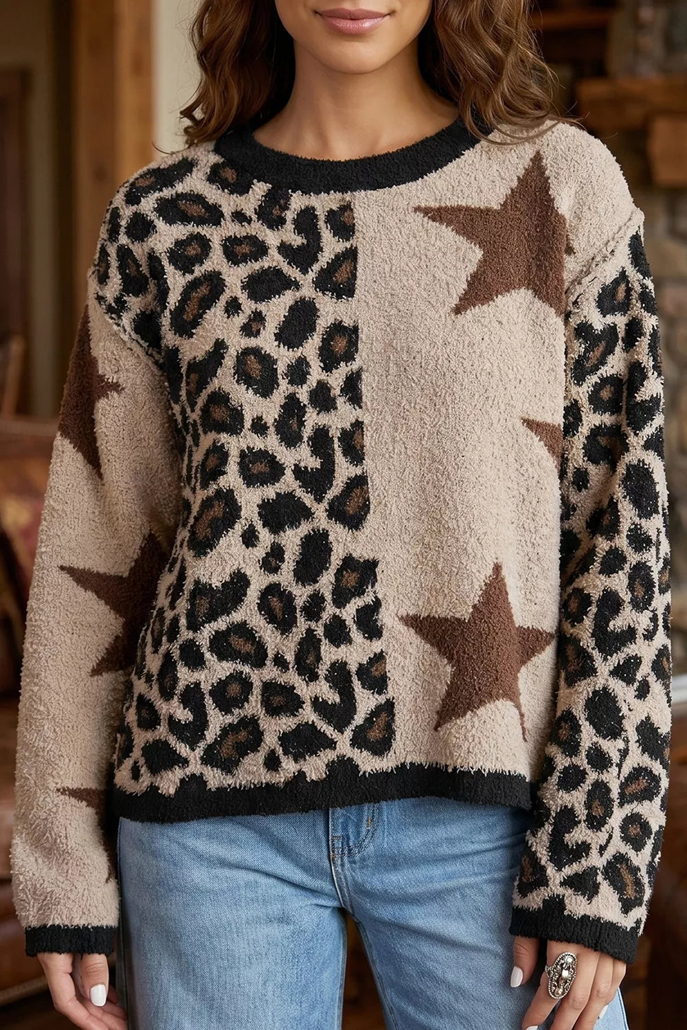Leopard Star Pattern Round Neck Long Sleeve Shift Sweater | STAHlin RADIANCE
