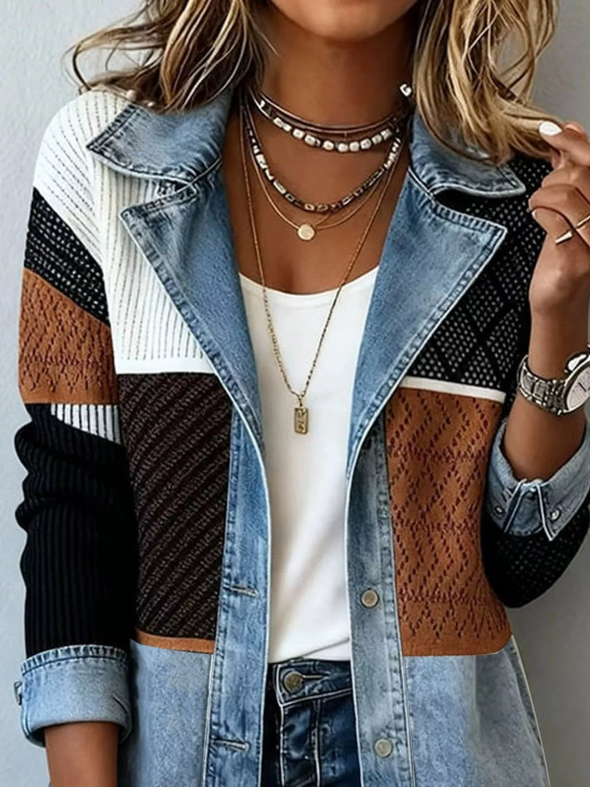Color-Block Denim and Knit Patchwork Casual Jacket | STAHlin RADIANCE