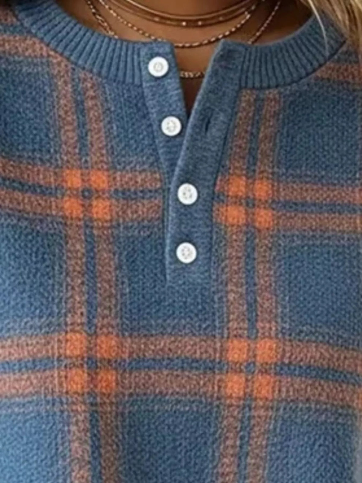 Full Size Plaid Button Detail Long Sleeve Sweatshirt Plus Size | STAHlin RADIANCE
