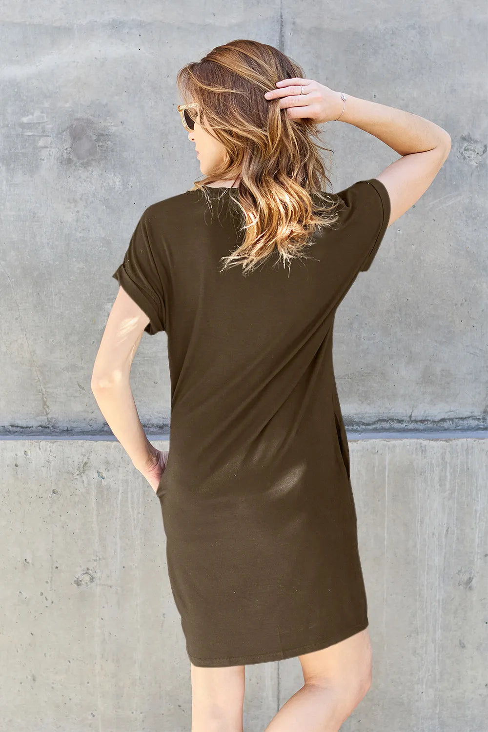 Basic Bae Full Size Solid Round Neck Short Sleeve Casual Loose Mini T-Shirt Dress with Side Pockets | STAHlin RADIANCE