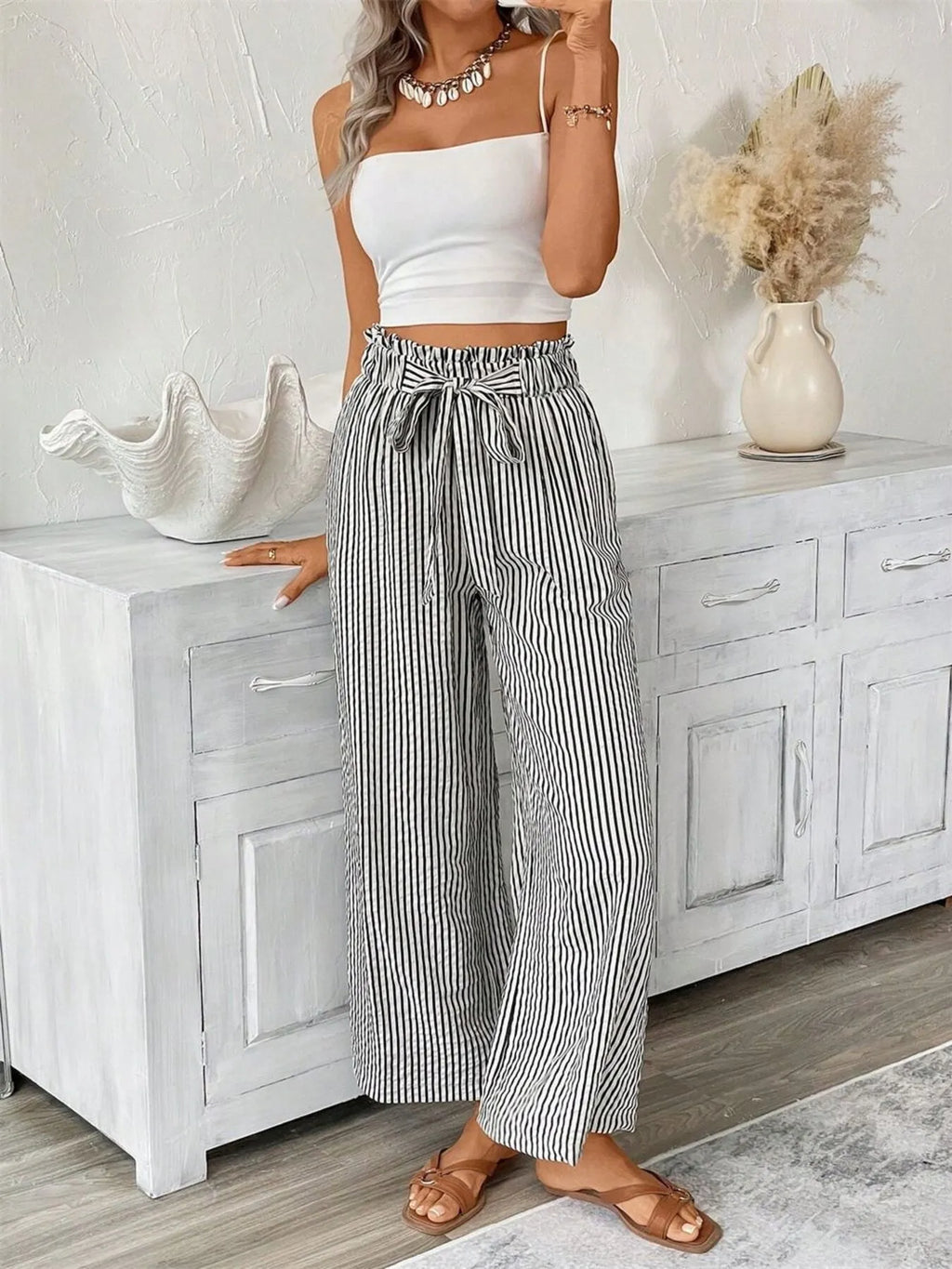 Full Size Striped Wide Leg Paper Bag Pants Plus Size | STAHlin RADIANCE