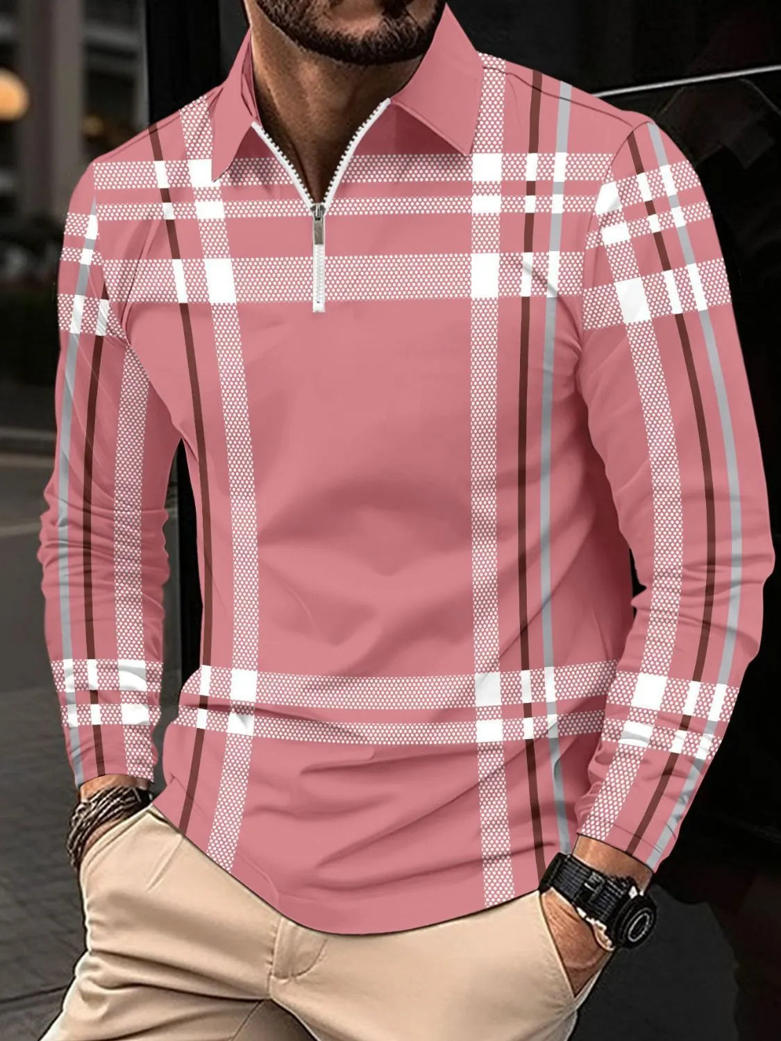 Men's Full Size Plaid Zip Collar Long Sleeve Polo Plus Size | STAHlin RADIANCE