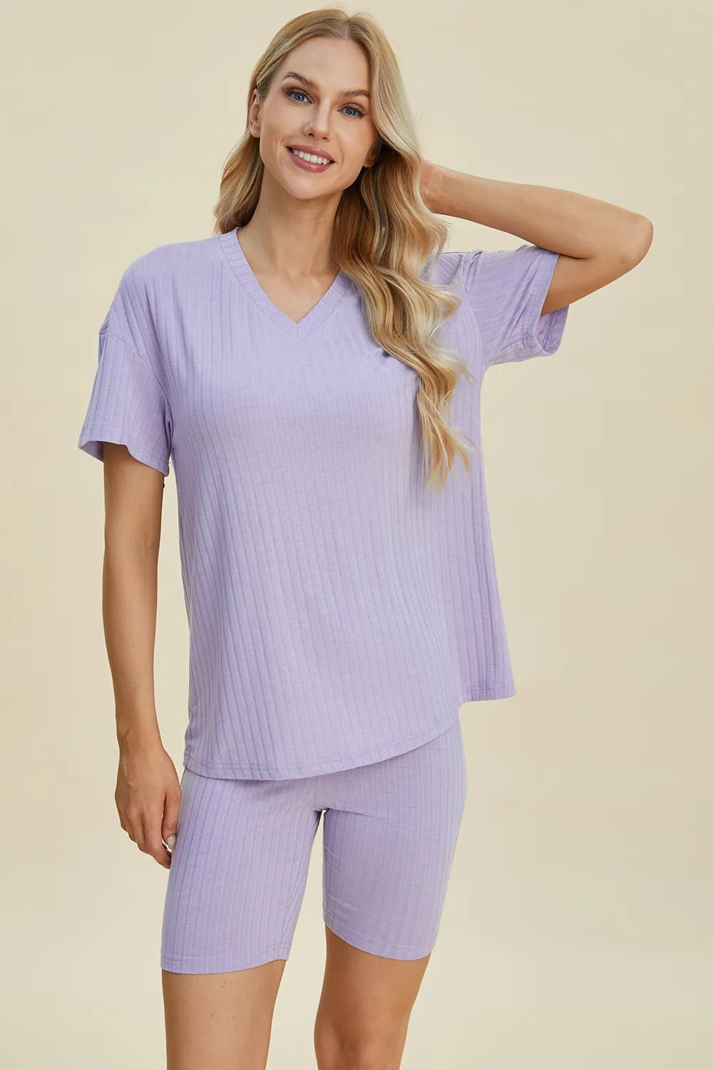 Basic Bae Full Size Ribbed V-Neck Short Sleeve Top and Shorts Set | STAHlin RADIANCE