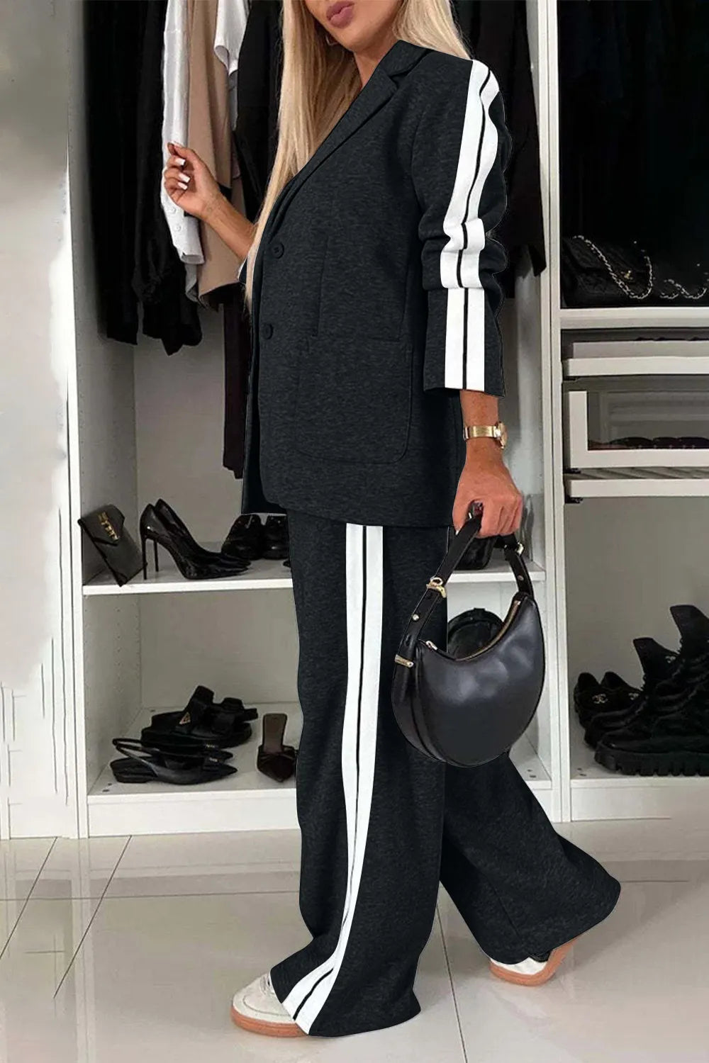 Full Size Contrast Lapel Collar Top and Pants Set | STAHlin RADIANCE