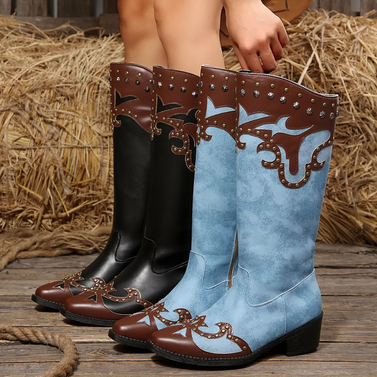 Western-Style Studded Two-Tone Mid-Calf Cowboy Boots | STAHlin RADIANCE