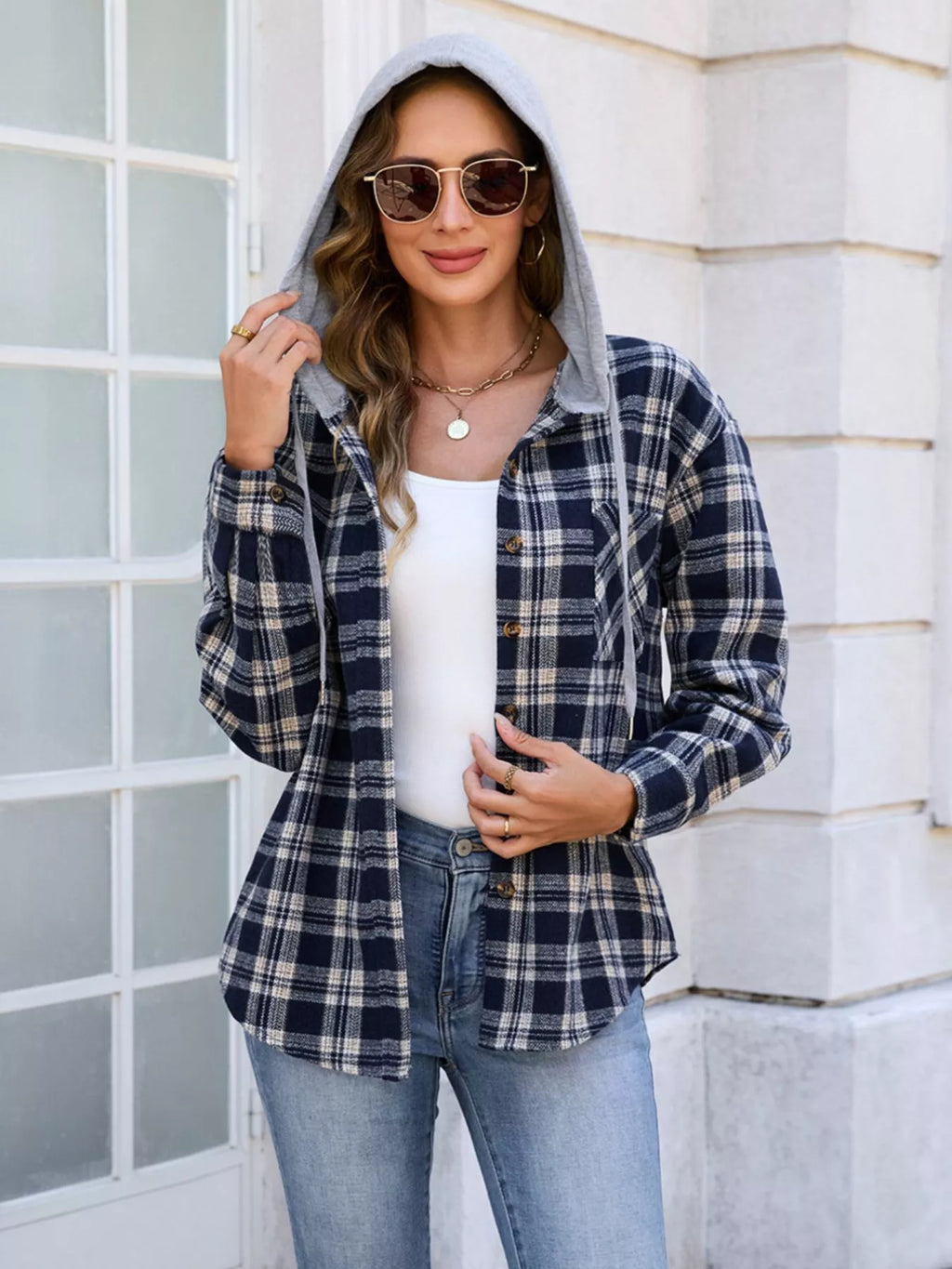 Hooded Plaid Button-Up Shacket | STAHlin RADIANCE