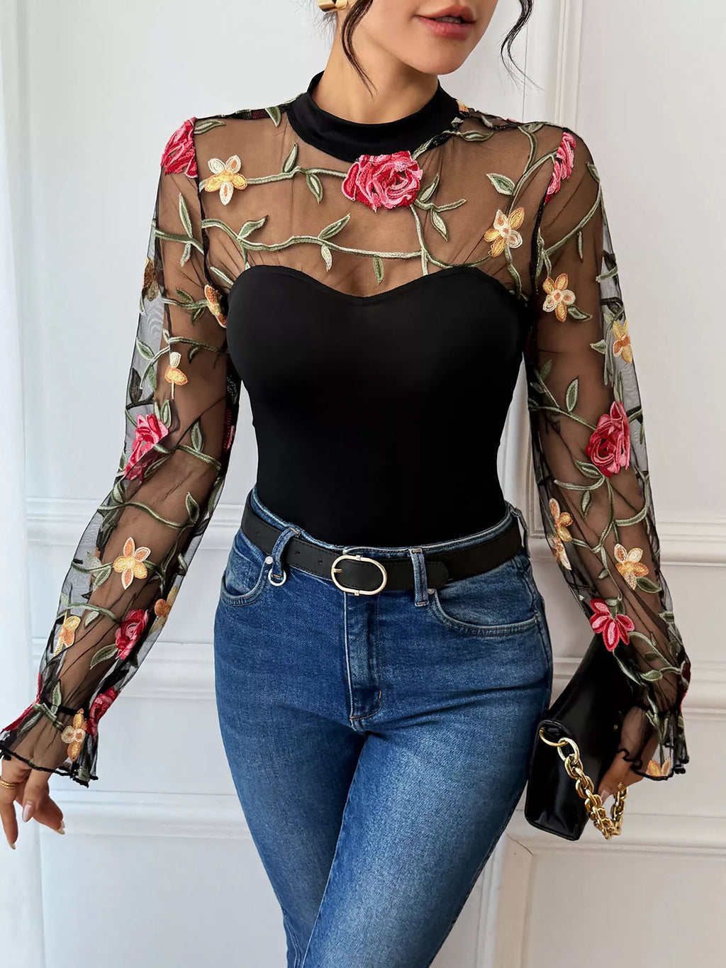 Floral Embroidered Mesh Long Sleeve Bodysuit | STAHlin RADIANCE