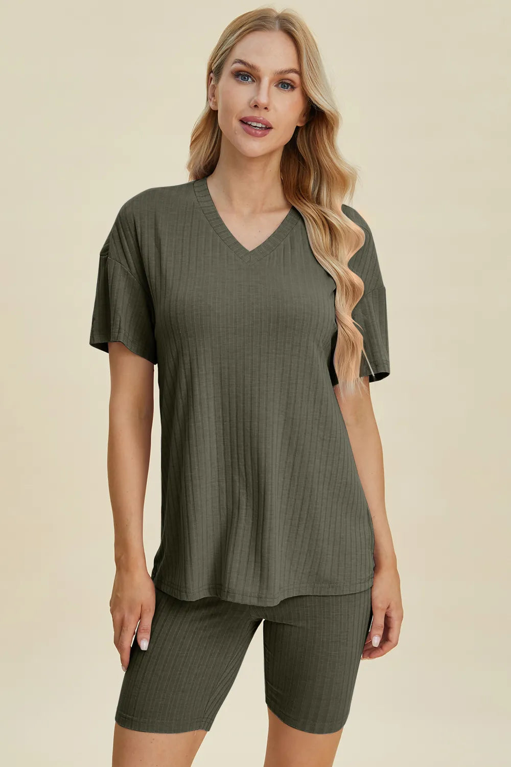 Basic Bae Full Size Ribbed V-Neck Short Sleeve Top and Shorts Set | STAHlin RADIANCE