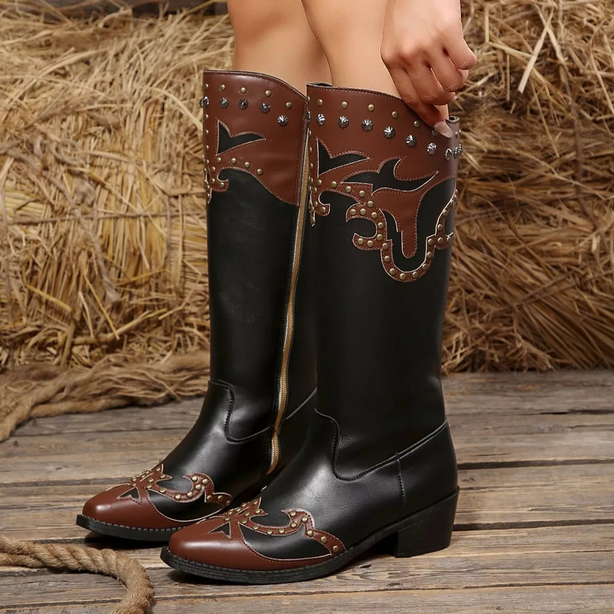 Western-Style Studded Two-Tone Mid-Calf Cowboy Boots | STAHlin RADIANCE