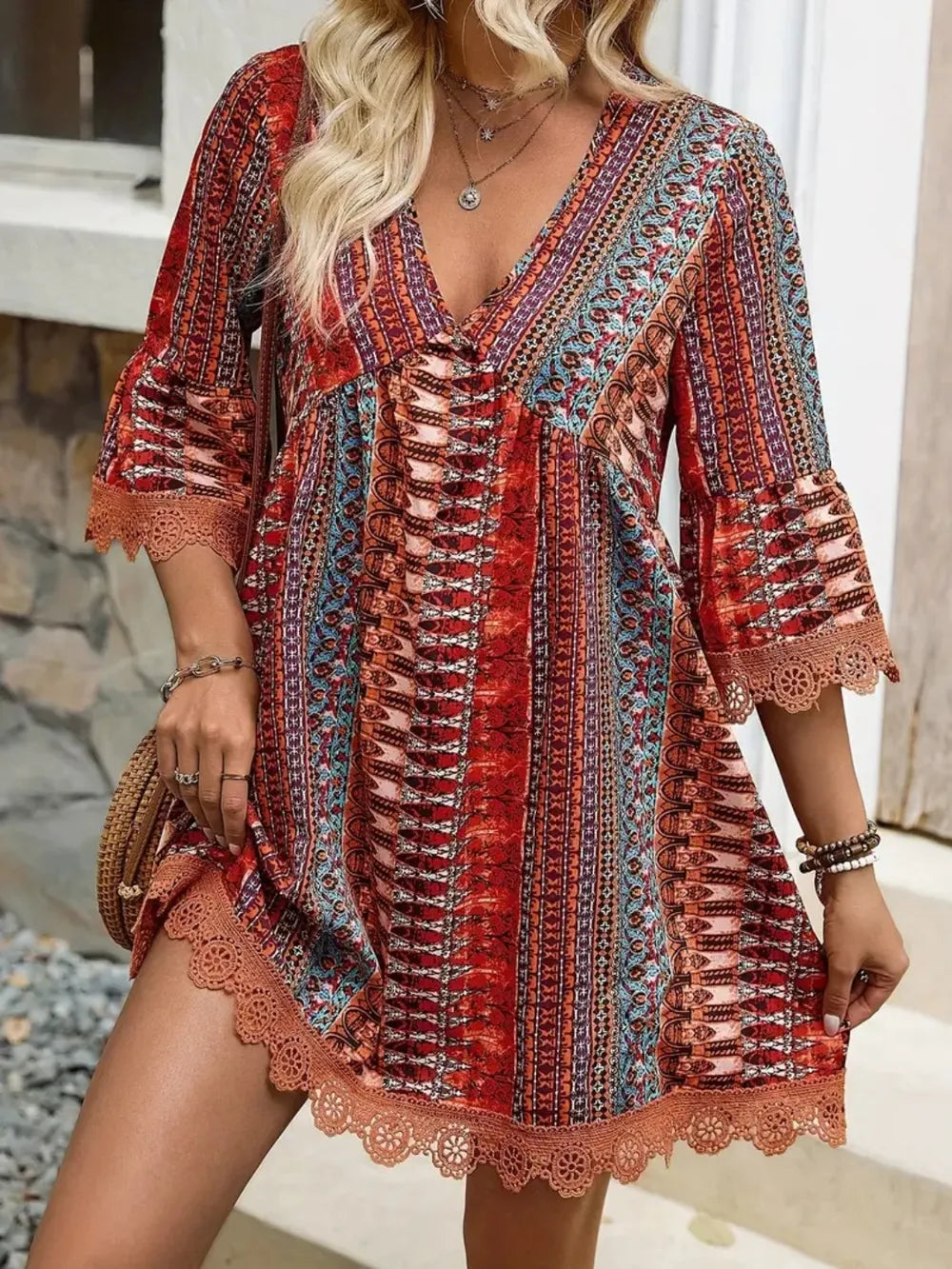 Lace Trim Printed V-Neck 3/4 Sleeve Dress | STAHlin RADIANCE