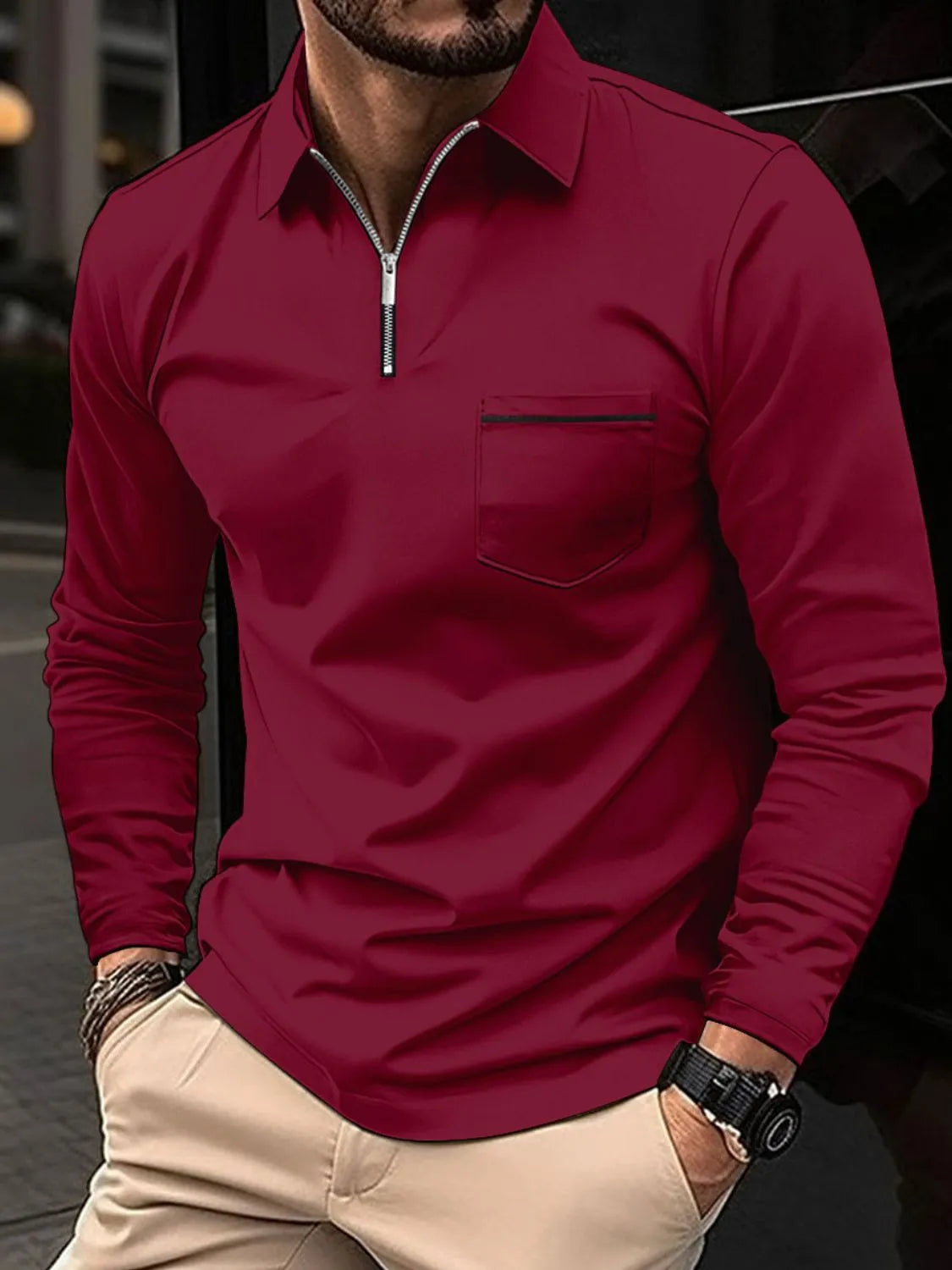 Men's Full Size Collared Neck Long Sleeve Polo Plus Size | STAHlin RADIANCE
