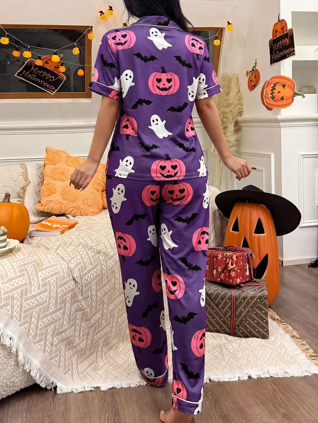 Halloween Pumpkin Print Button-Down Top and Pants Set | STAHlin RADIANCE