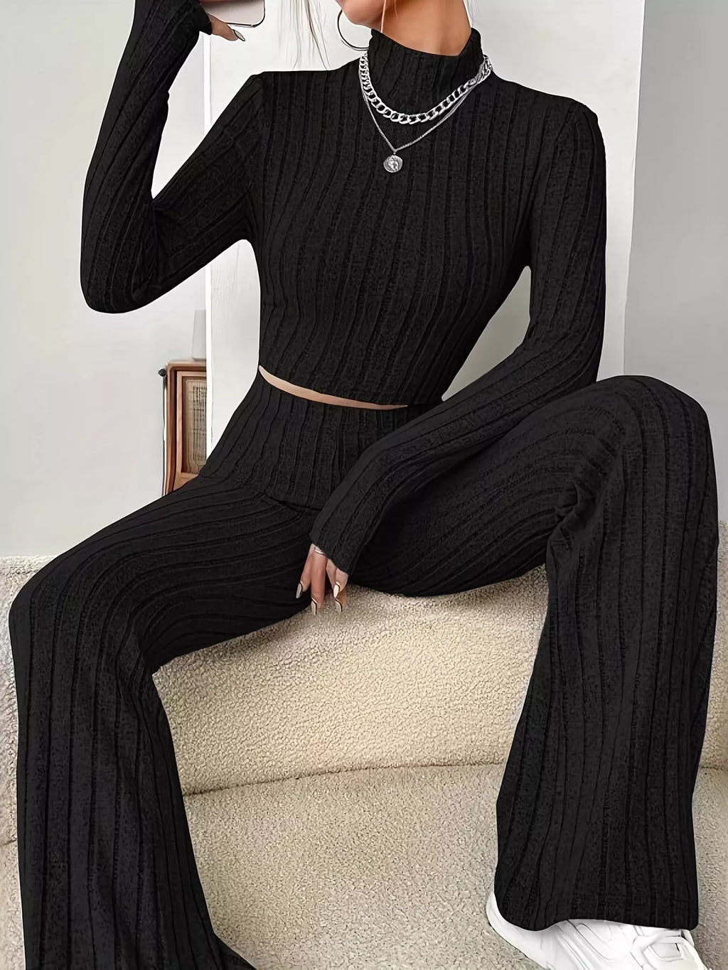 Ribbed Turtleneck Crop Top and Flare Pants Sweater Set | STAHlin RADIANCE