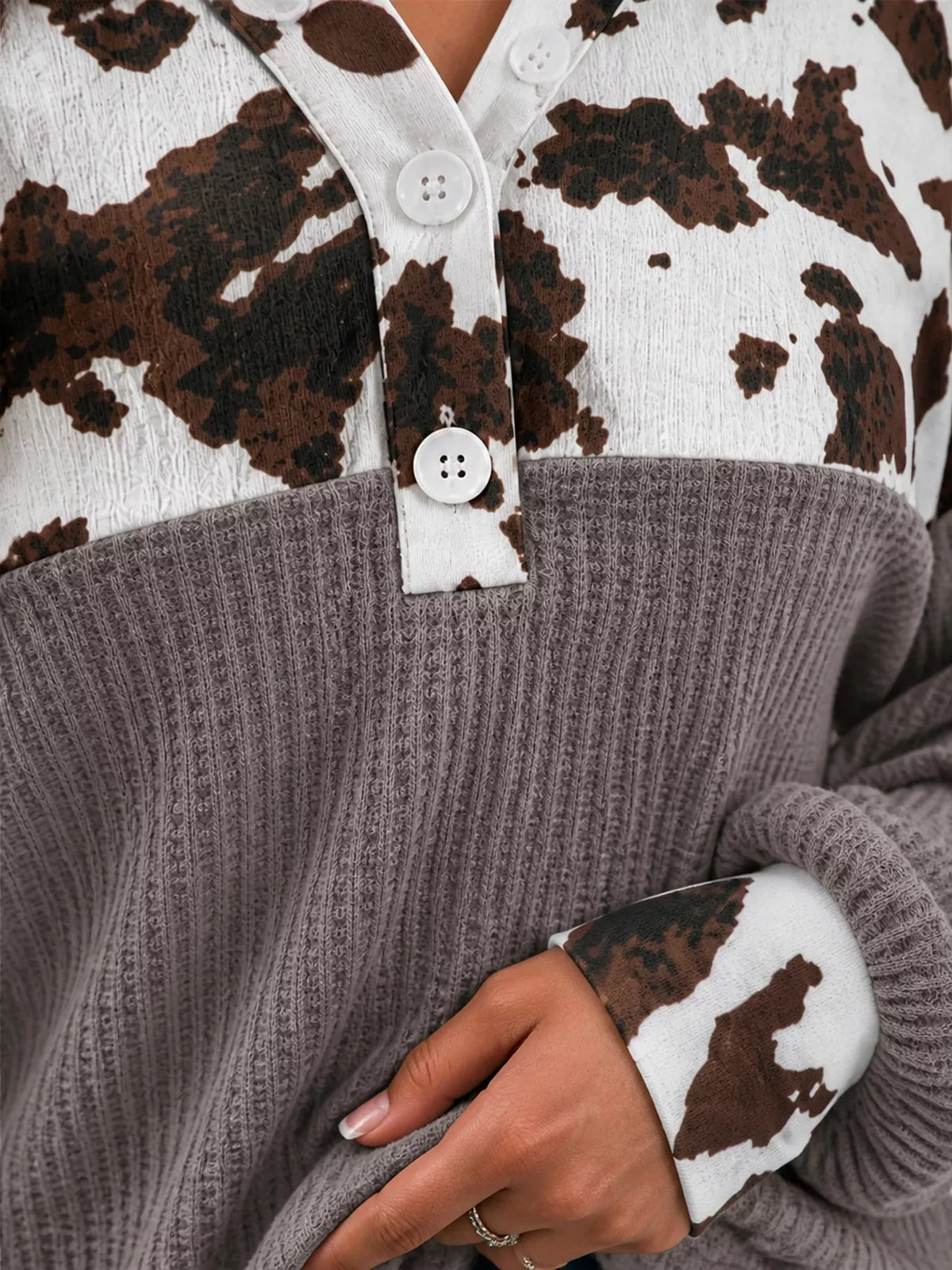 Cow Print Color Block Waffle Knit Blouse | STAHlin RADIANCE