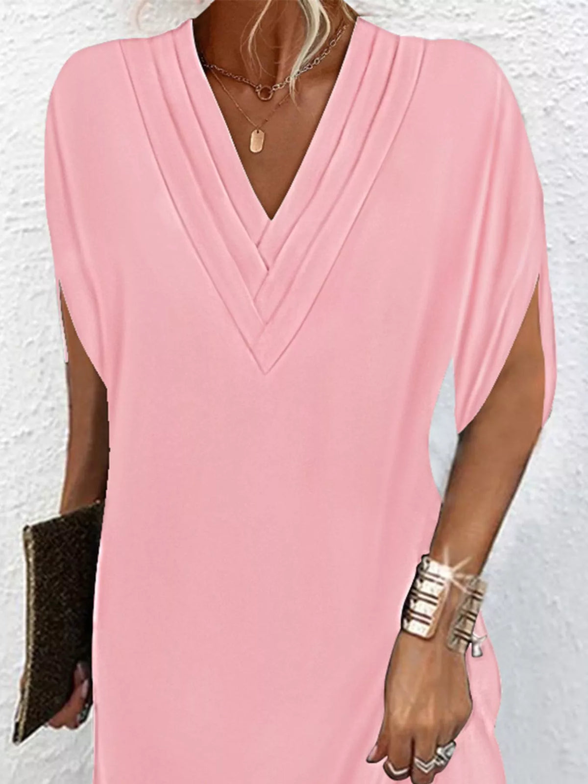 Full Size V-Neck Slit Sleeve Mini Dress Plus Size | STAHlin RADIANCE