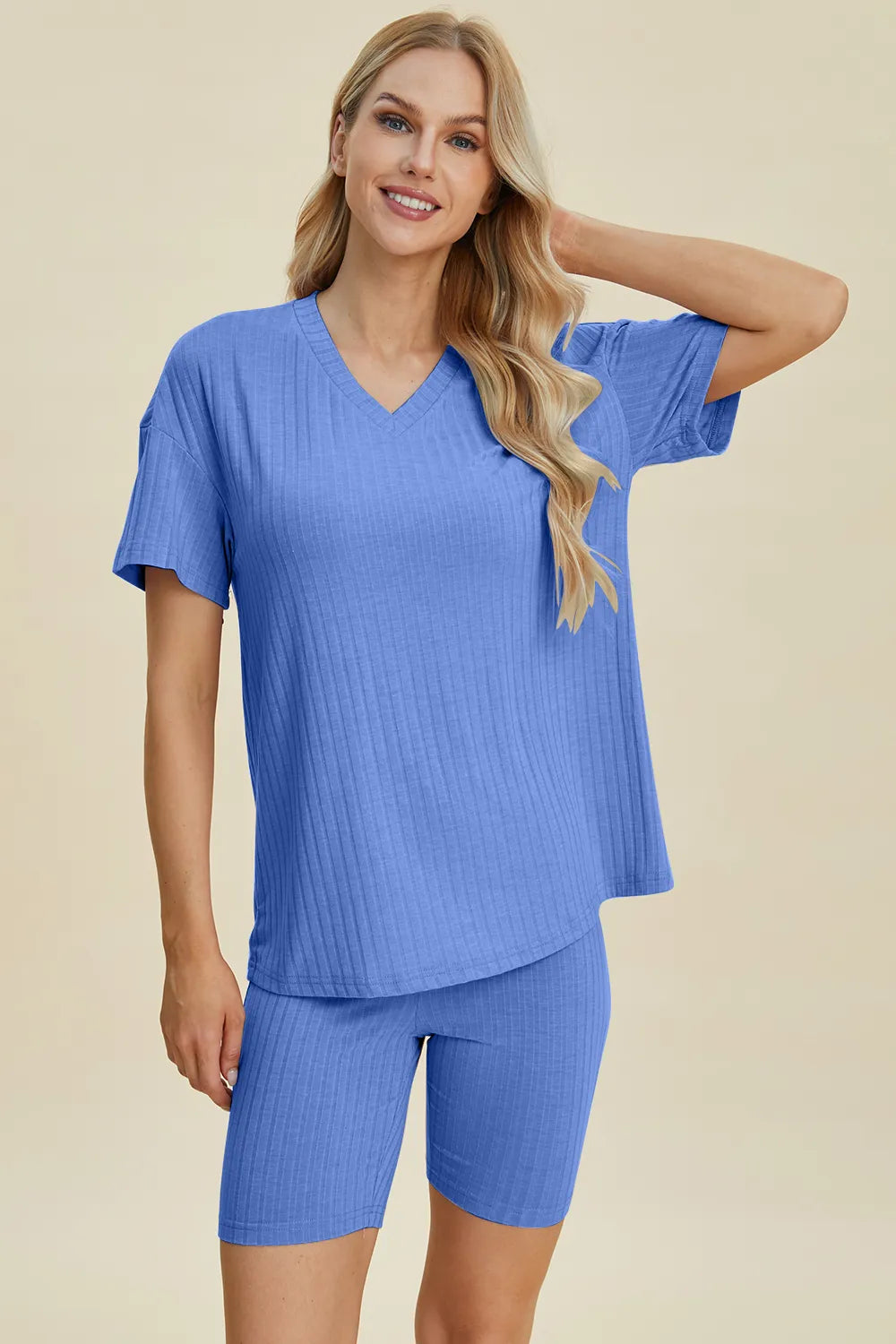 Basic Bae Full Size Ribbed V-Neck Short Sleeve Top and Shorts Set | STAHlin RADIANCE