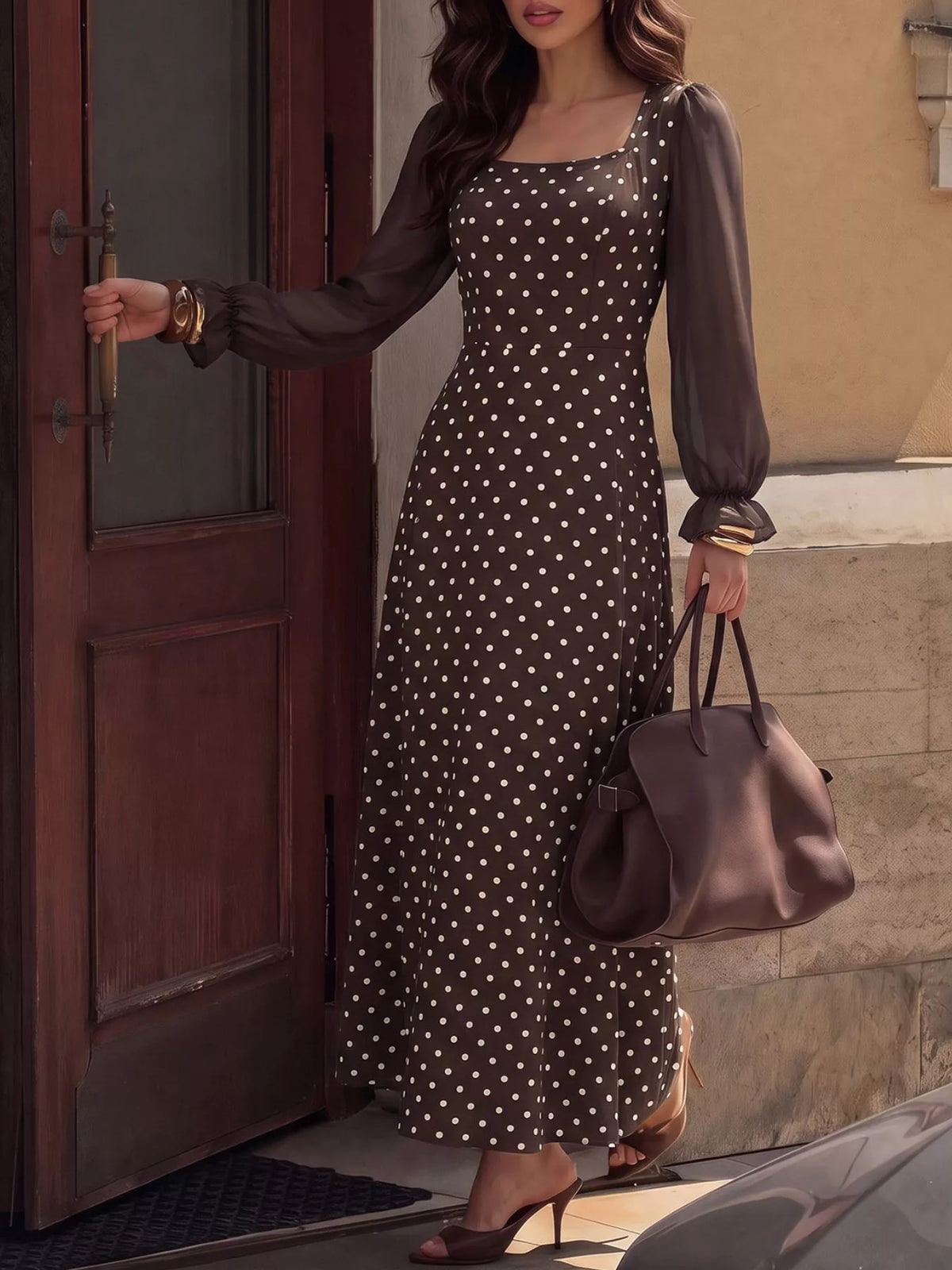 Polka Dot Square Neck Long Sleeve Maxi Dress | STAHlin RADIANCE