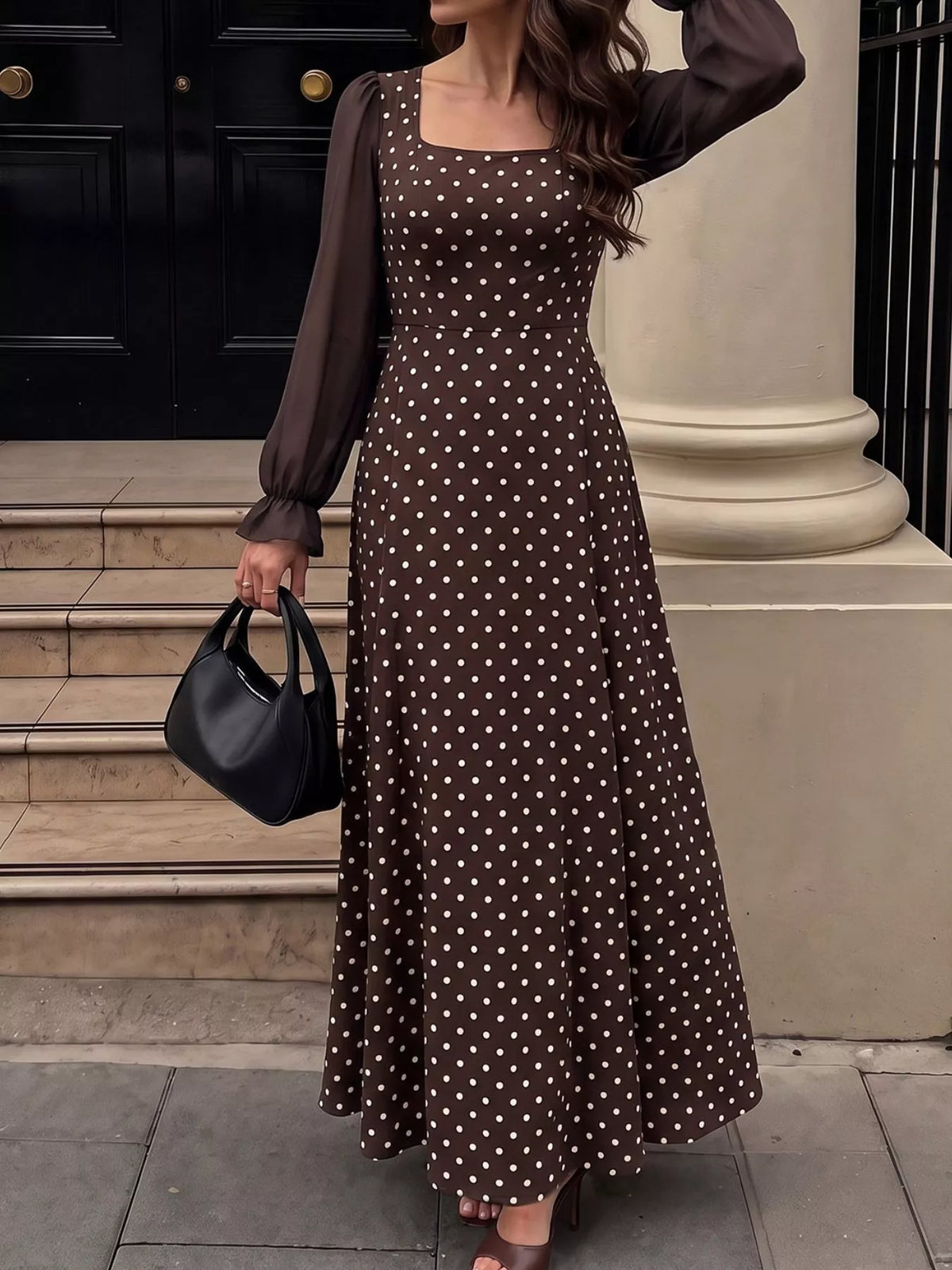 Polka Dot Square Neck Long Sleeve Maxi Dress | STAHlin RADIANCE