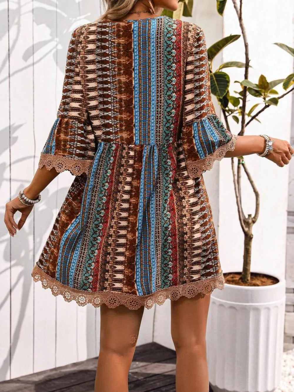 Lace Trim Printed V-Neck 3/4 Sleeve Dress | STAHlin RADIANCE