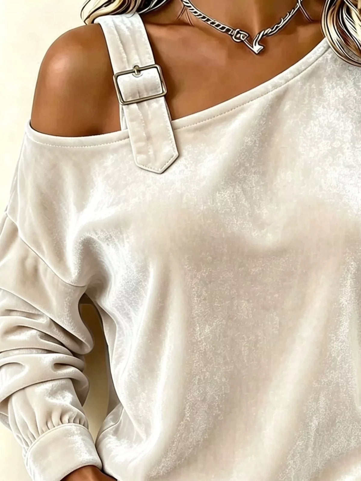 Full Size Velvet Buckle Detail Asymmetrical Neck Blouse Plus Size | STAHlin RADIANCE