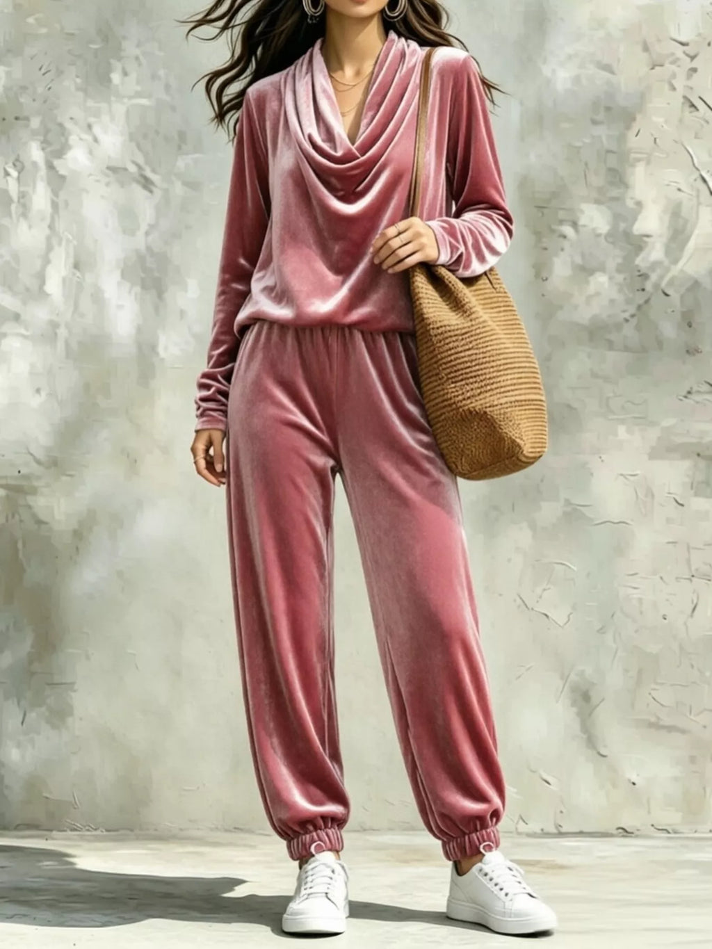 Full Size Velvet Cowl Neck Long Sleeve Top and Pants Set Plus Size | STAHlin RADIANCE