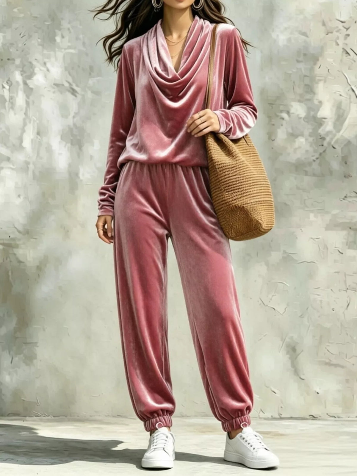 Full Size Velvet Cowl Neck Long Sleeve Top and Pants Set Plus Size | STAHlin RADIANCE