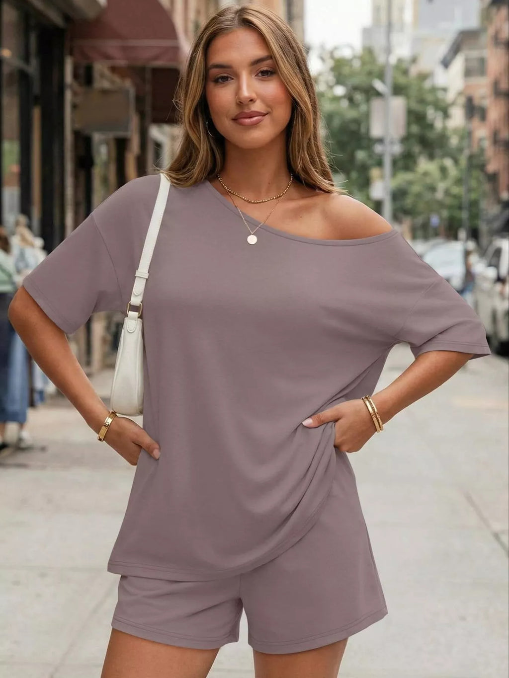 Full Size Boat Neck Tee and Shorts Set Plus Size | STAHlin RADIANCE
