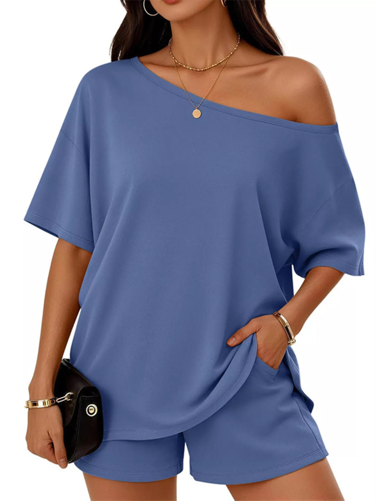 Full Size Boat Neck Tee and Shorts Set Plus Size | STAHlin RADIANCE