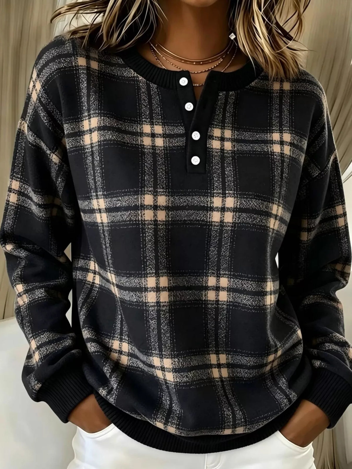 Full Size Plaid Button Detail Long Sleeve Sweatshirt Plus Size | STAHlin RADIANCE