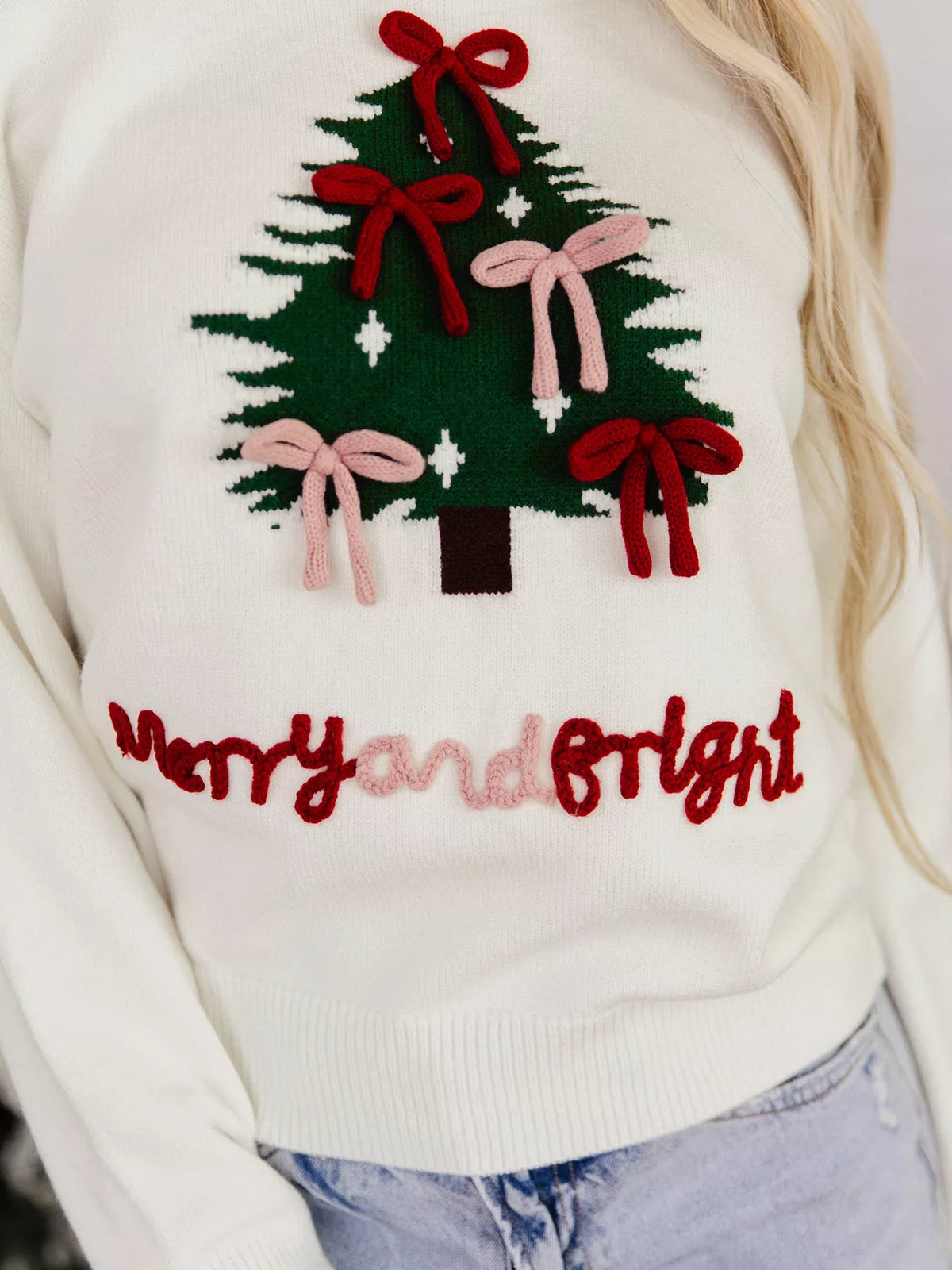 Christmas Tree Bow Drop Shoulder Knit Sweater | STAHlin RADIANCE
