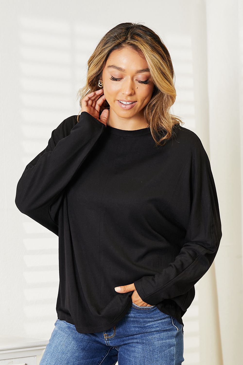 Double Take Seam Detail Round Neck Long Sleeve Top | STAHlin RADIANCE