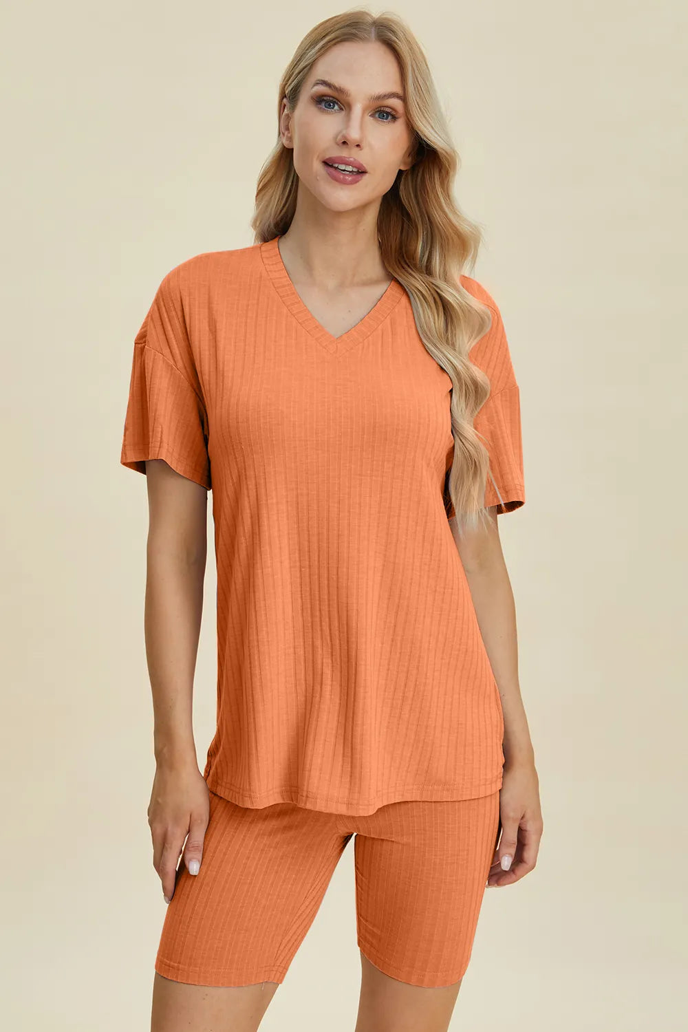 Basic Bae Full Size Ribbed V-Neck Short Sleeve Top and Shorts Set | STAHlin RADIANCE
