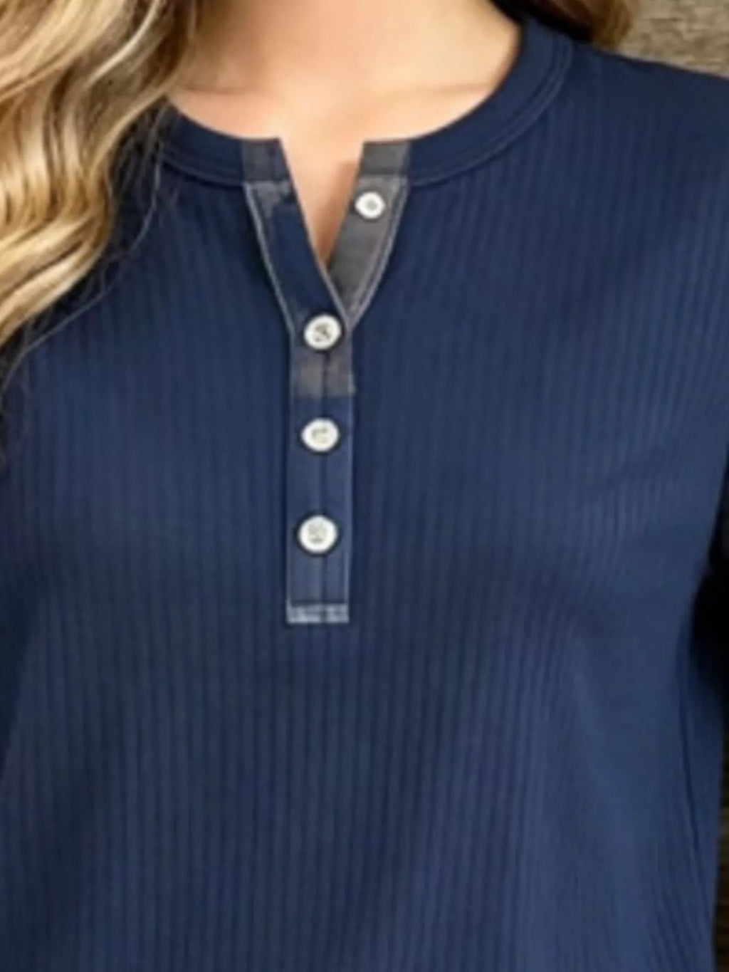 Full Size Ribbed Knit Henley T-Shirt with Plaid Contrast Sleeves Plus Size | STAHlin RADIANCE