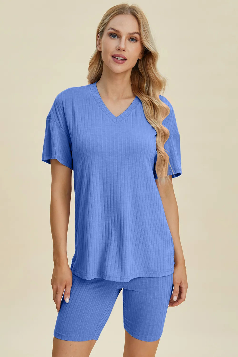Basic Bae Full Size Ribbed V-Neck Short Sleeve Top and Shorts Set | STAHlin RADIANCE