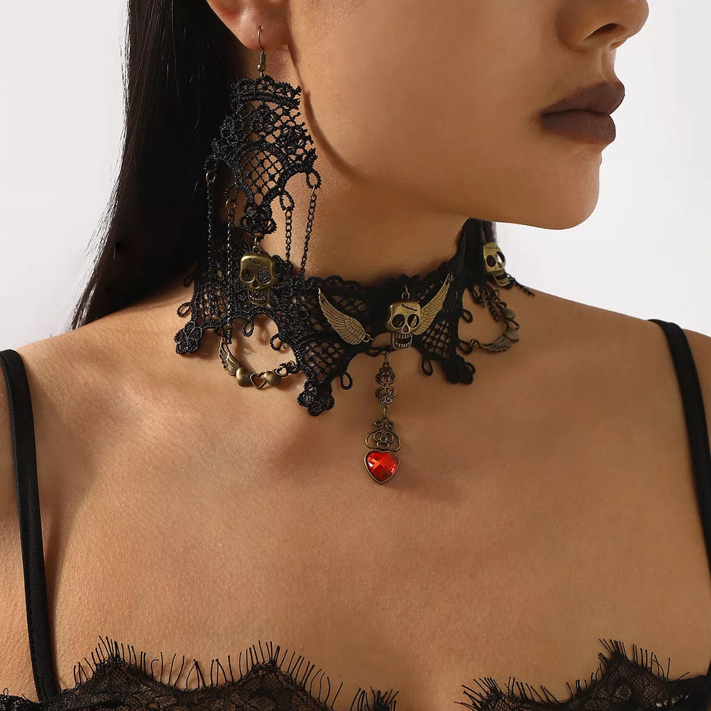 Halloween Lace Skull Necklace and Earrings Jewelry Set | STAHlin RADIANCE