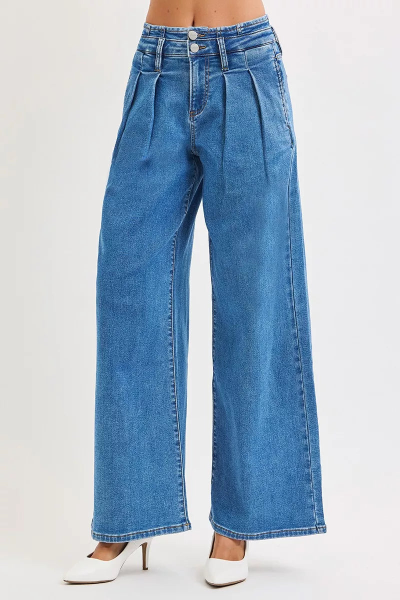 RISEN Full Size Mid Rise Fit Wide Leg with Pleated Detail Jeans Plus Size | STAHlin RADIANCE