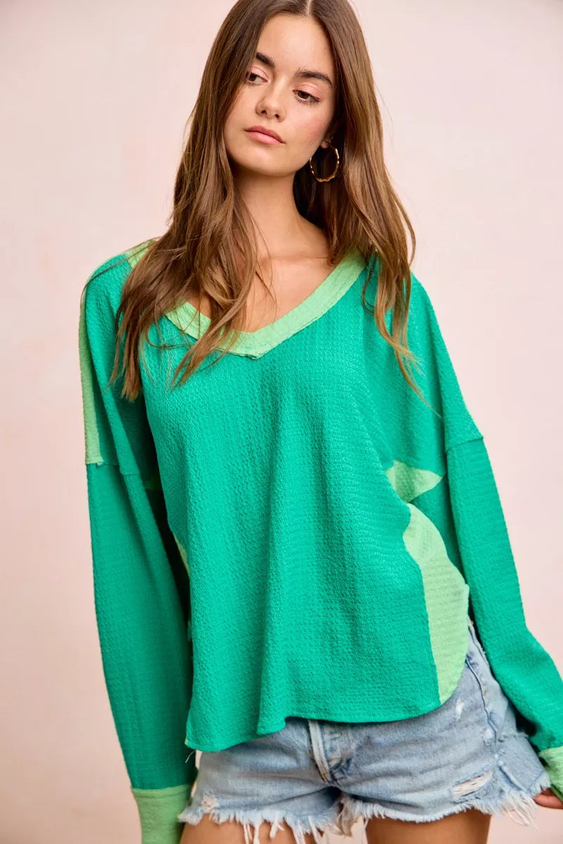 BiBi Textured Jersey Color Block Top With Cut Edge | STAHlin RADIANCE