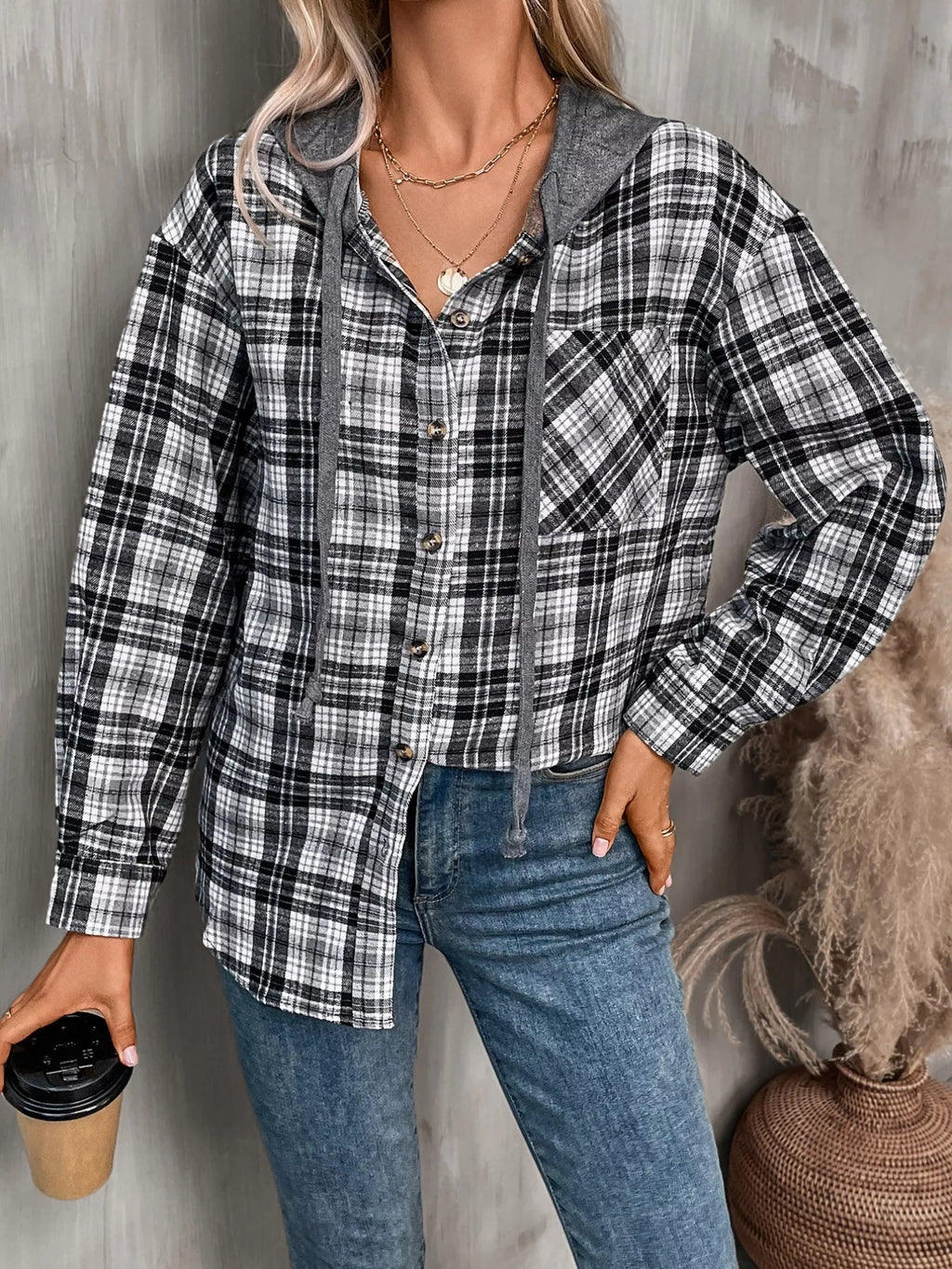 Plaid Button-Up Hooded Shirt with Chest Pocket | STAHlin RADIANCE