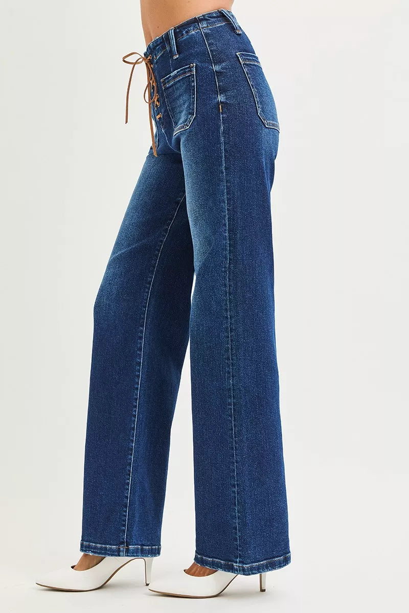 RISEN Full Size High Rise Wide Leg Jeans with Front Tie Detail Plus Size | STAHlin RADIANCE