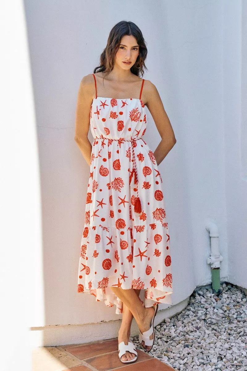 SO ME Shell Print Tiered Lined Midi Cami Dress With Belt | STAHlin RADIANCE