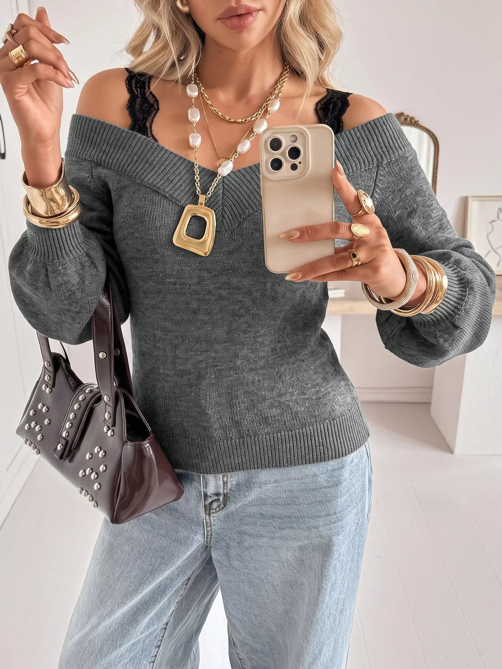 Off-Shoulder Lace Trim Sweater | STAHlin RADIANCE