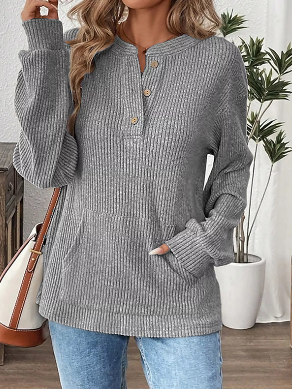 Ribbed Button Detail Long Sleeve T-Shirt | STAHlin RADIANCE