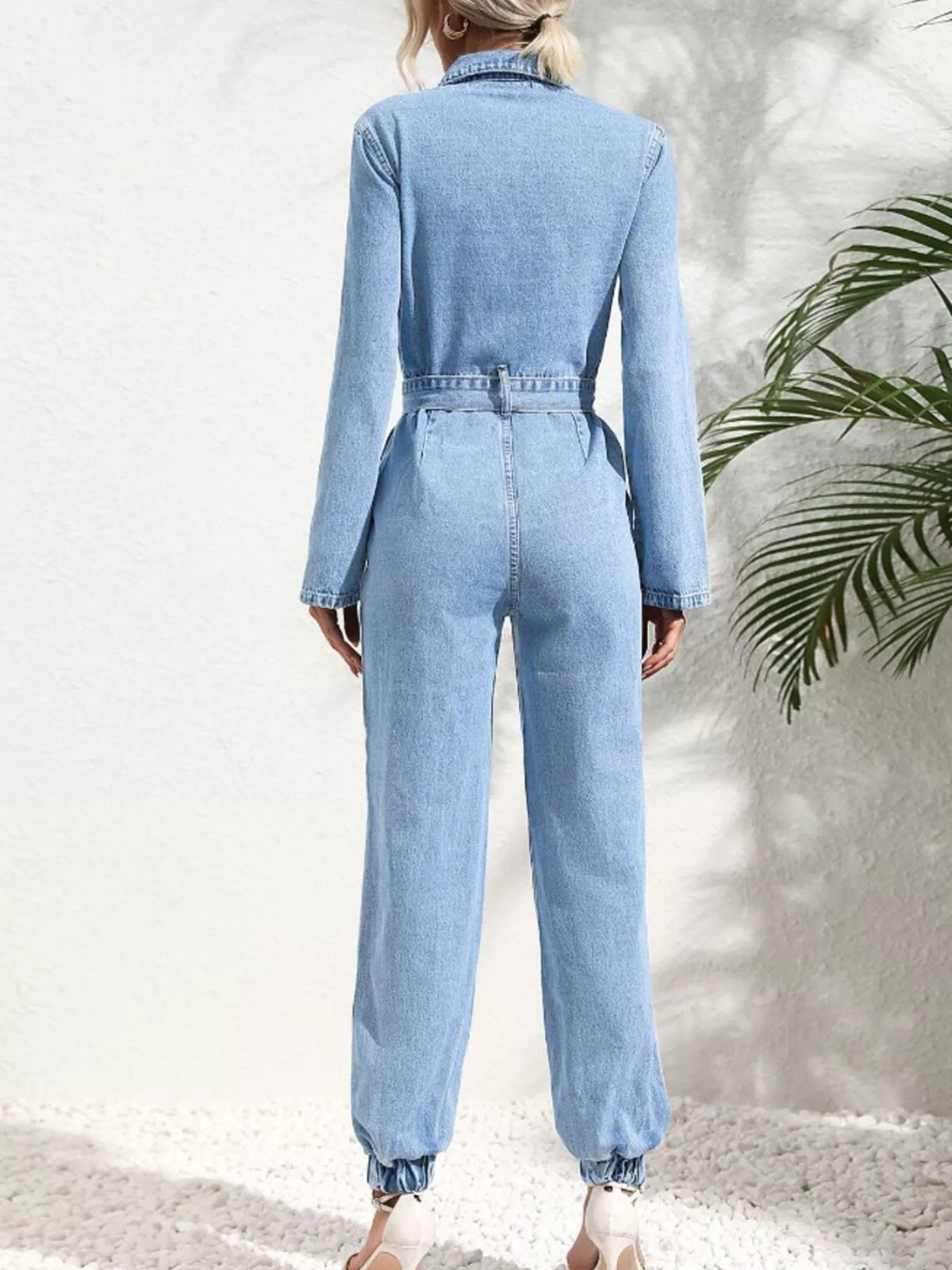 Long Sleeve Button-Up Denim Jumpsuit with Belted Waist and Elastic Cuffs | STAHlin RADIANCE