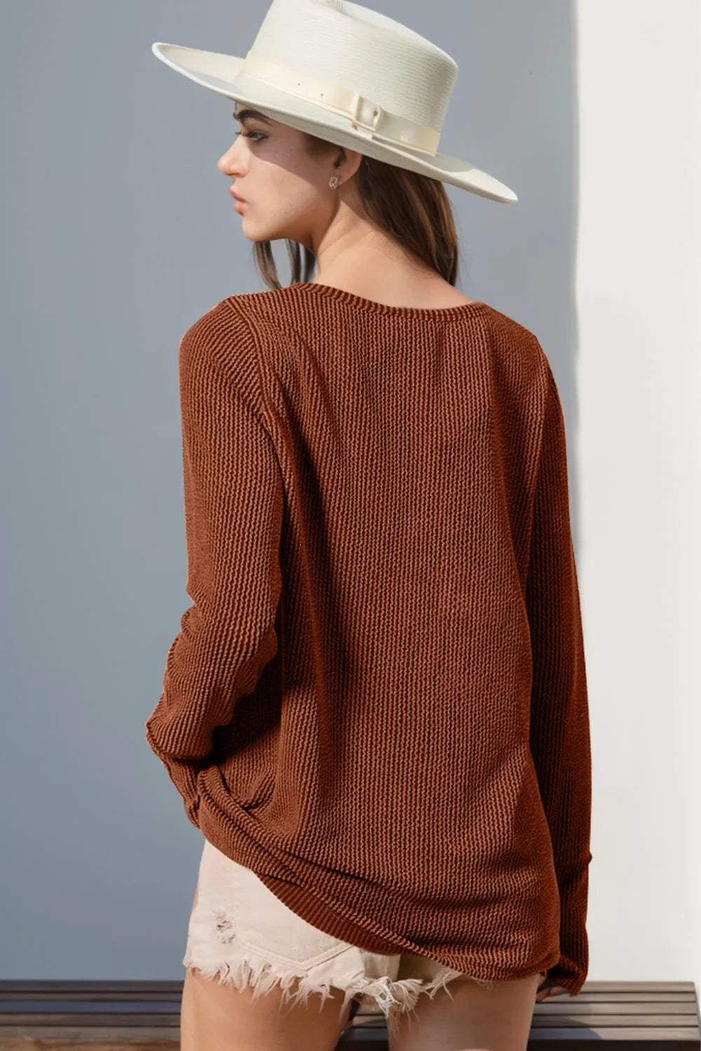 Double Take Full Size Notched Thumbhole Long Sleeve T-Shirt | STAHlin RADIANCE