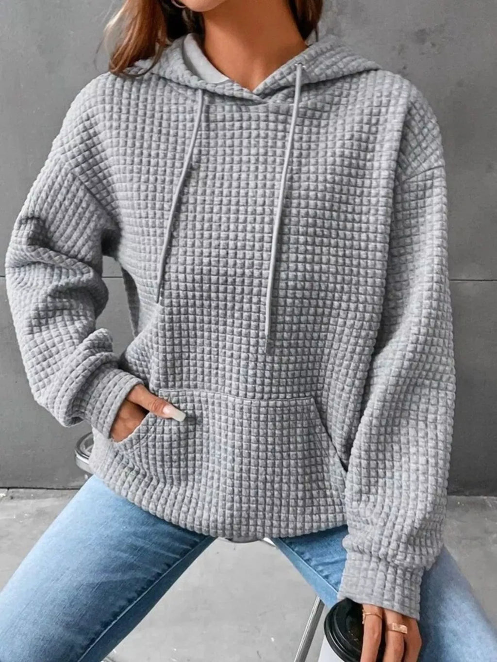 Full Size Textured Kangaroo Pocket Hoodie Plus Size | STAHlin RADIANCE